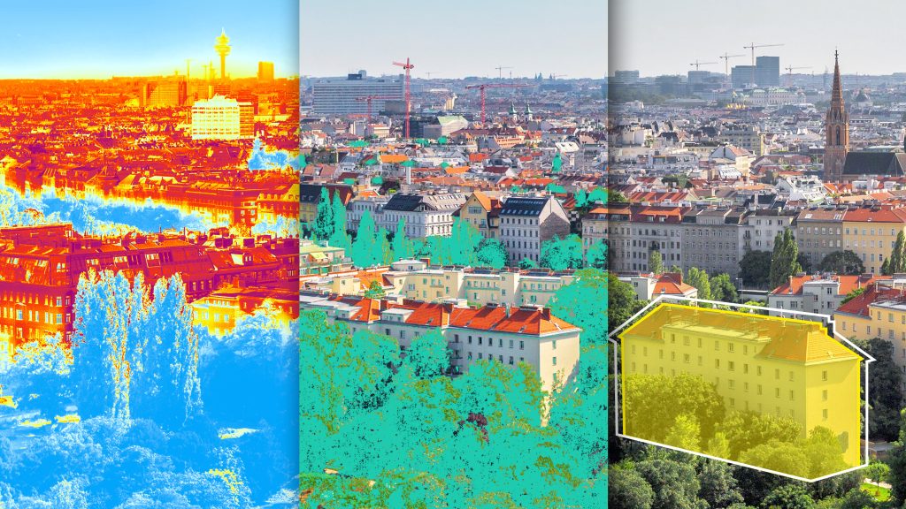 Fotomontage einer Luftaufnahme von Wien, die den Einsatz von Satellitendaten illustriert